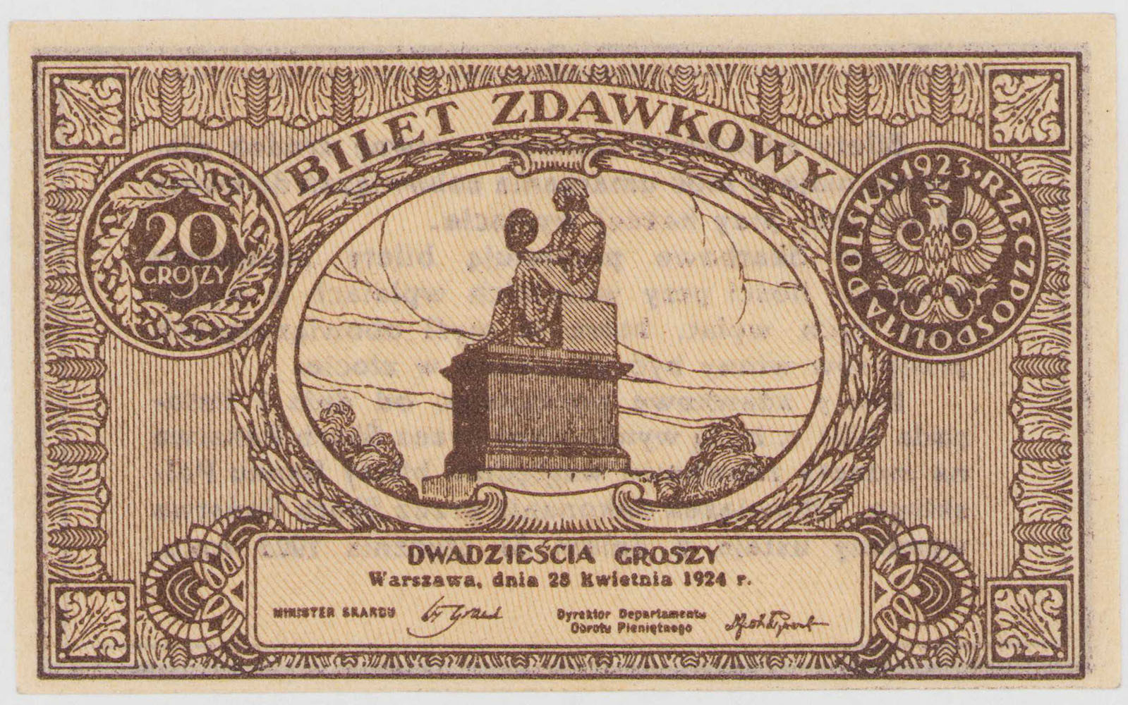 Bilet zdawkowy. 20 groszy 1924 - PIĘKNY